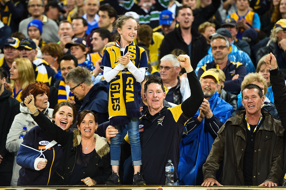 AFL 2015 Second Qualifying Final - West Coast v Hawthorn PERTH, AUSTRALIA - SEPTEMBER 11: West Coast Eagles fans celebrate the win during the 2015 AFL Second Qualifying Final match between the West Coast Eagles and the Hawthorn Hawks at Domain Stadium, Perth, Australia on September 11, 2015. (Photo by Daniel Carson/AFL Media)